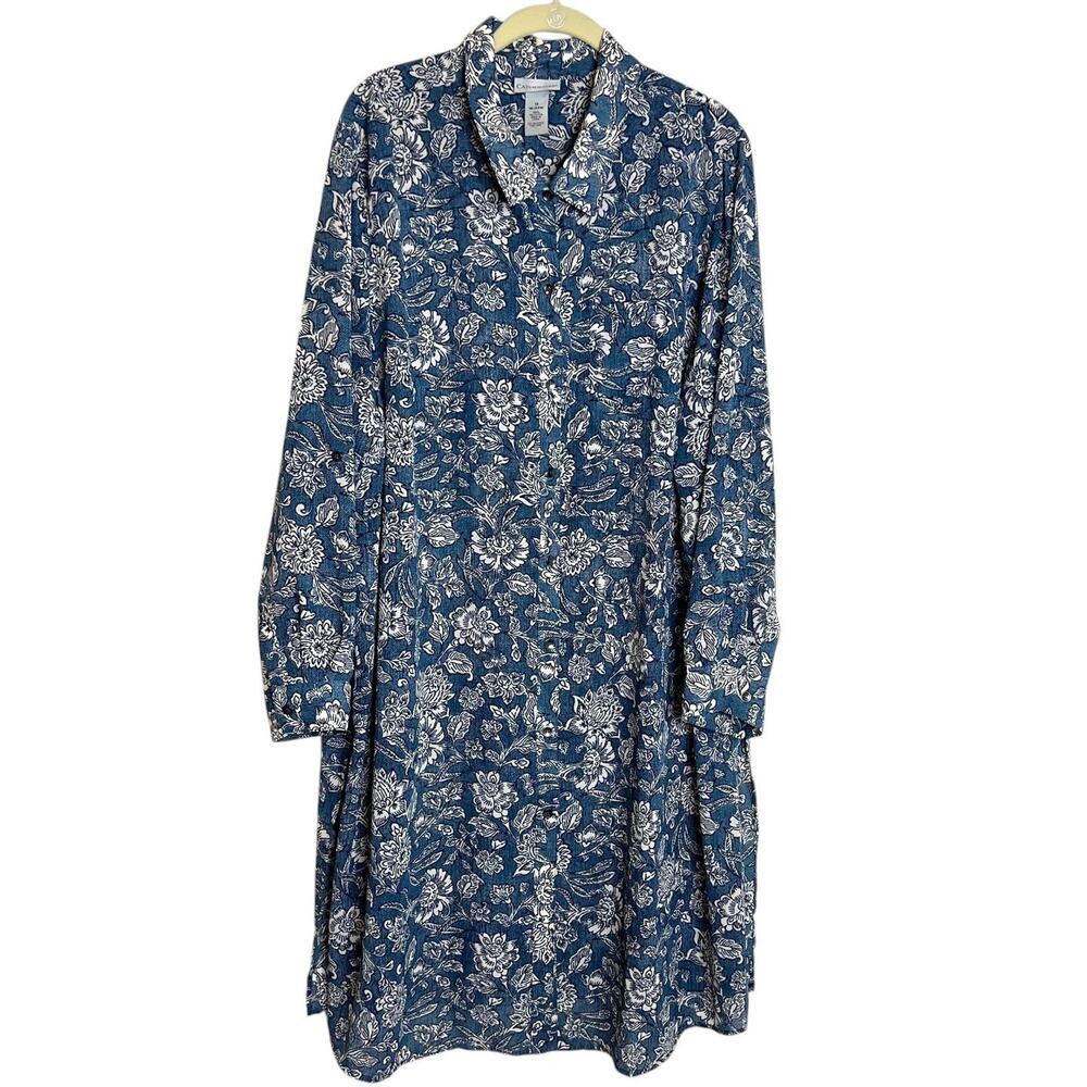 Catherines Womens Midi Shirt Dress 1X Blue White Floral Button Front